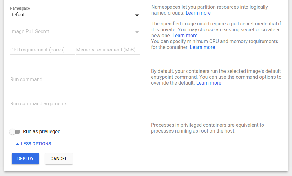 Kubernetes Dashboard deploy form advanced options